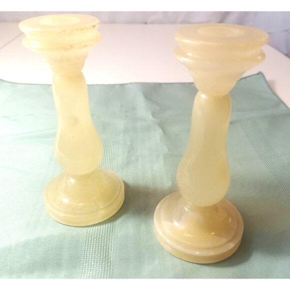 Alabaster Candle Holder Pair ONE DAMAGED Vintage Made in Italy - Picture 4 of 10